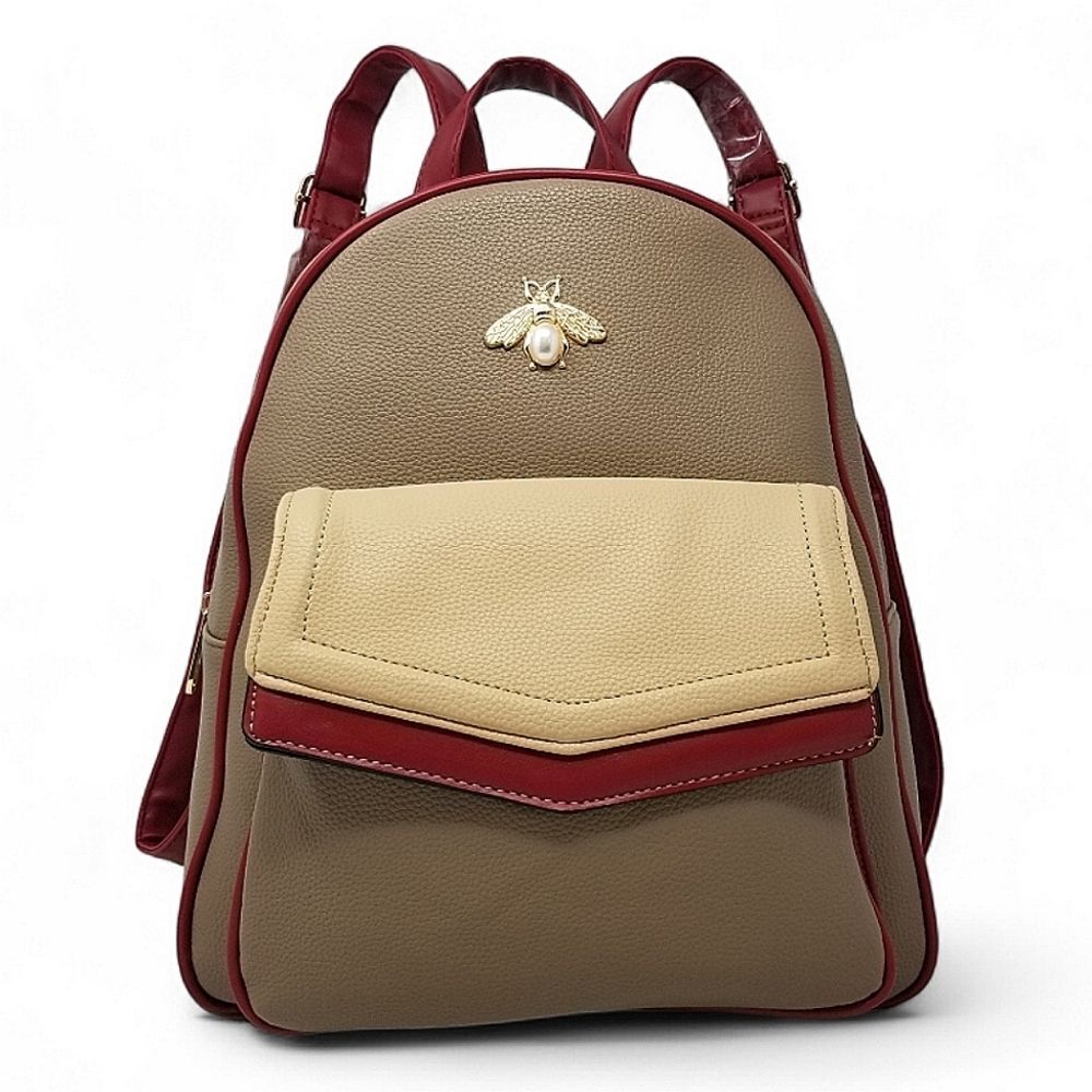 Queen Bee Taupe Red and Cream Large Pebbled Backpack Purse